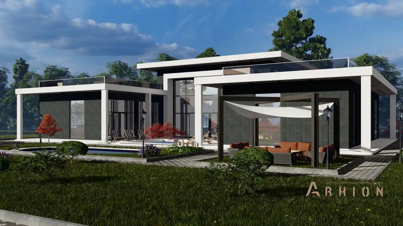 1. Проект двухэтажного дома в стиле хай-тек с плоской кровлей , h-1614, площадью - 545 кв c терассой, балконом, гаражом